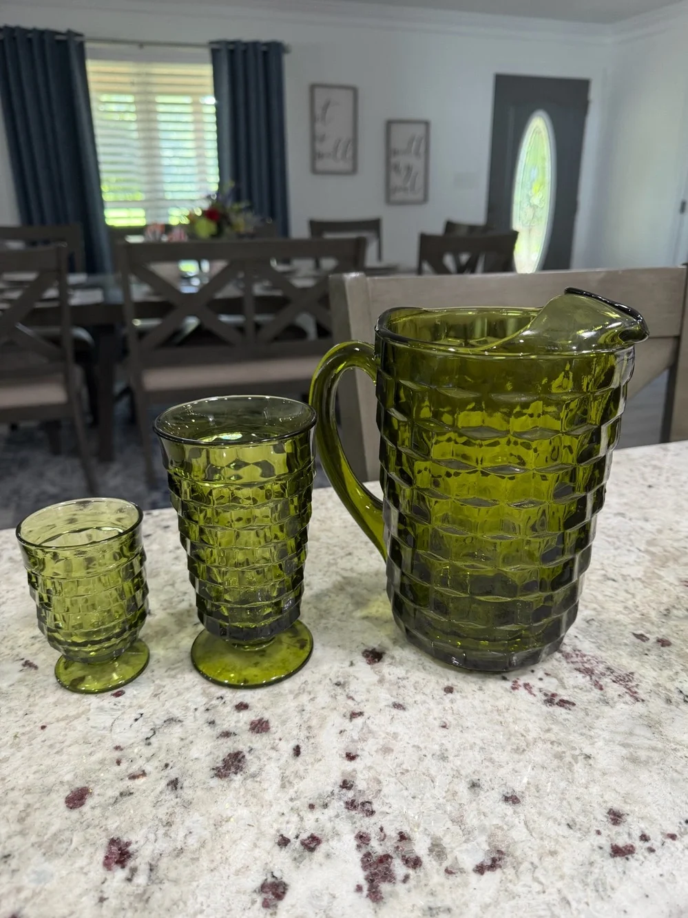 Vintage Indiana Whitehall Glassware Set in Avocado Green Cubist Pattern